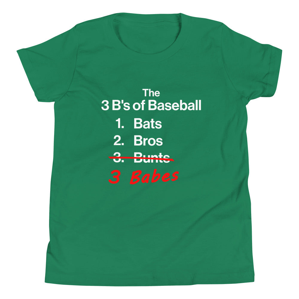 Detailed front view of the green 3 B's of Baseball shirt available in youth sizes from Web Gem Apparel.