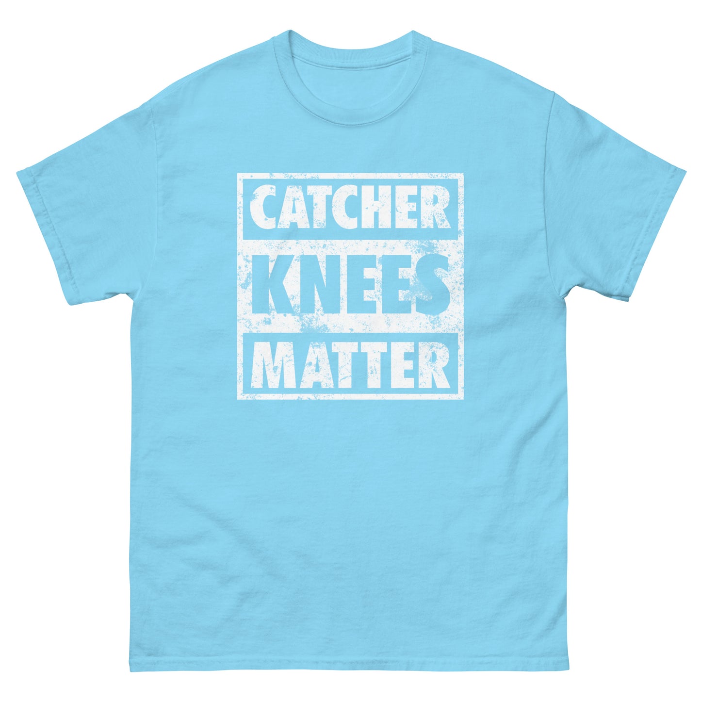 A front view of the sky blue Catcher Knees Matter baseball graphic t shirt.