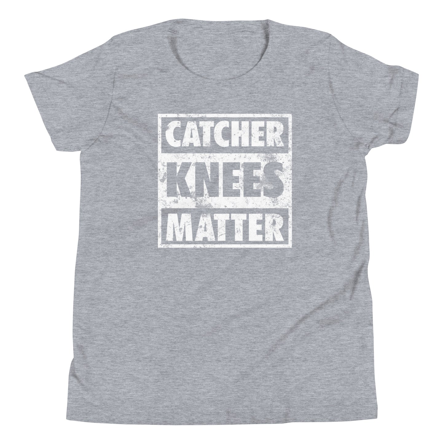 A front view of the Catcher Knees Matter baseball graphic t shirt in gray.