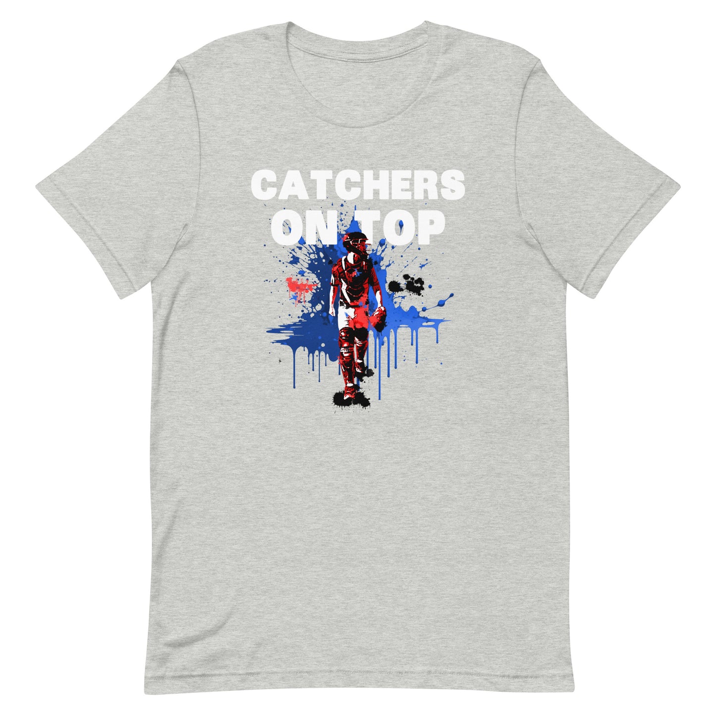 Catcher on Top graphic baseball design on a gray t shirt.