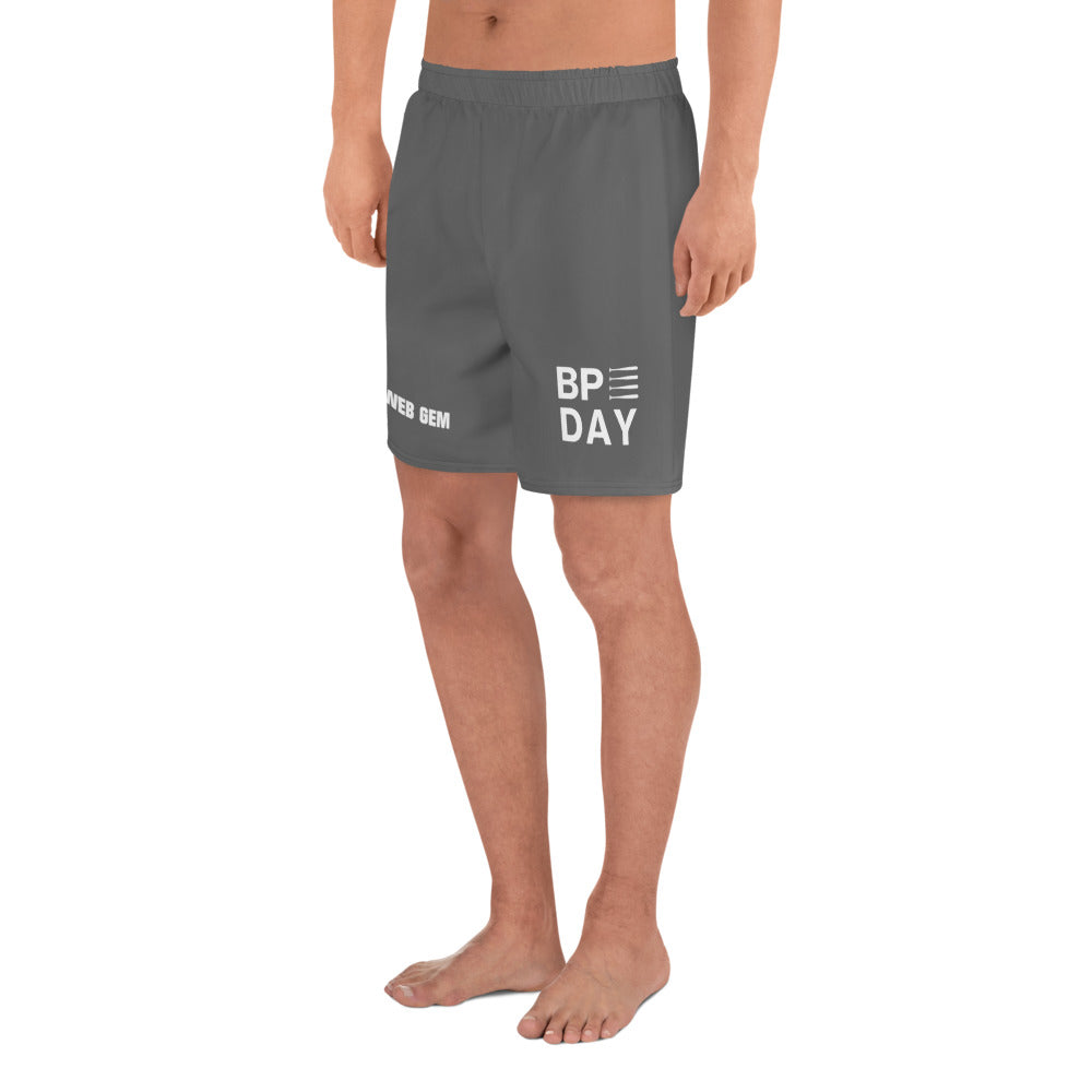 The left side of the gray shorts showing the BP Day graphic, available in adult 2XS through 2XL.