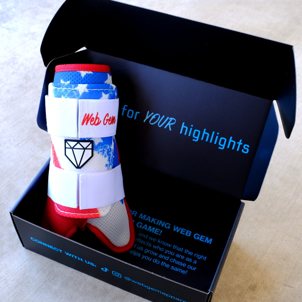 The Liberty Bomb Baseball Leg Guard displayed in it's glossy box