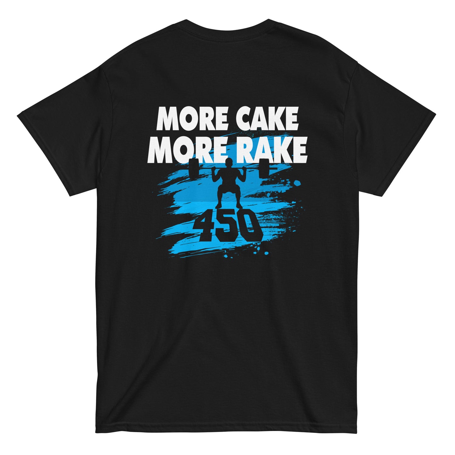 A back view showing the blue graphic on the black shirt.