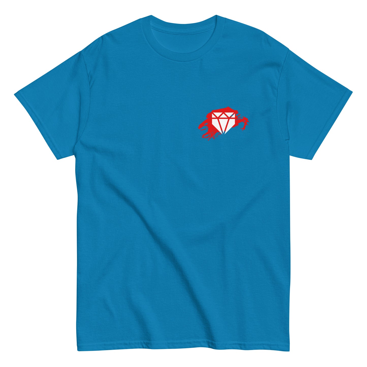 A front view showing the stylized Web Gem diamond on the blue shirt.