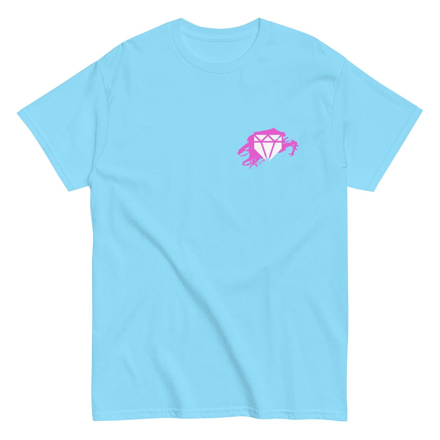 A front view showing the stylized Web Gem diamond on the sky blue shirt.