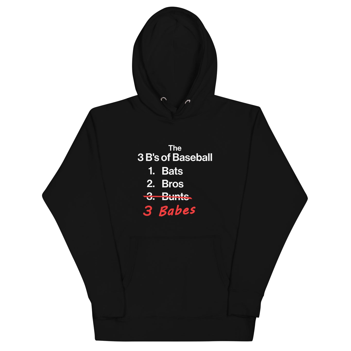 Detailed front view of the black 3 B's of Baseball pullover adult hoodie from Web Gem Apparel.