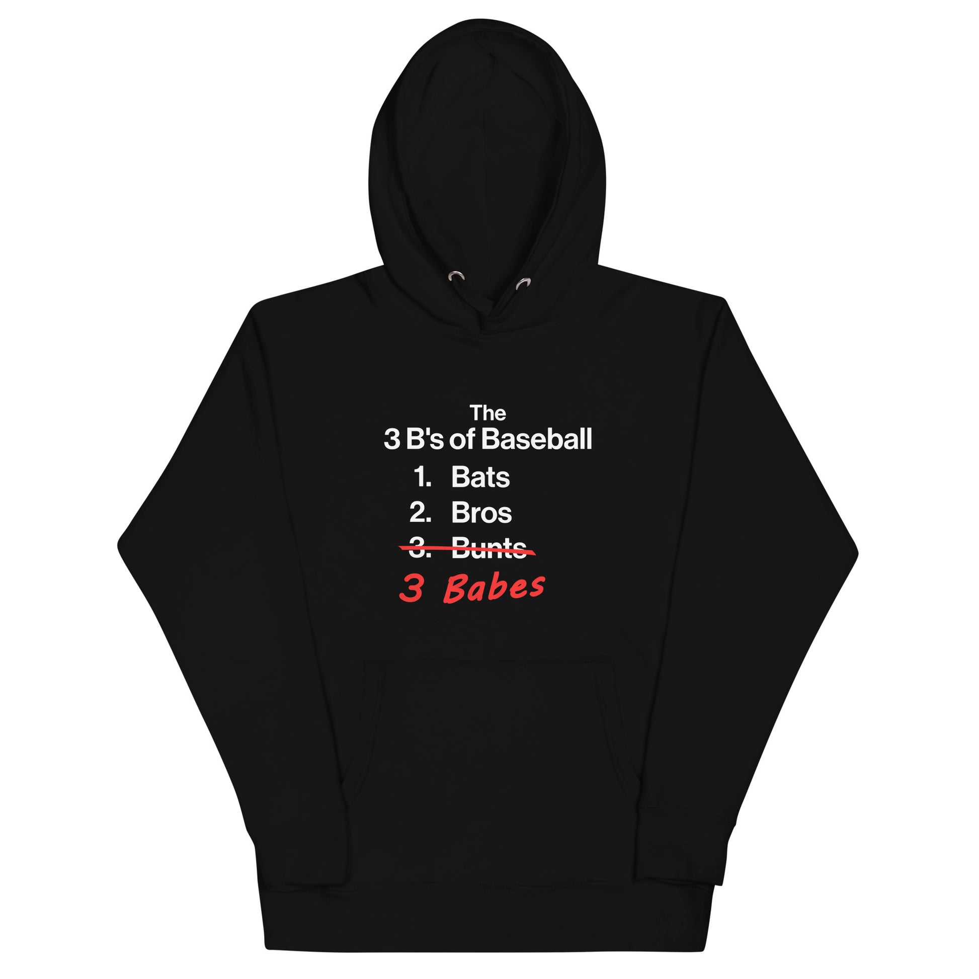 Detailed front view of the black 3 B's of Baseball pullover adult hoodie from Web Gem Apparel.