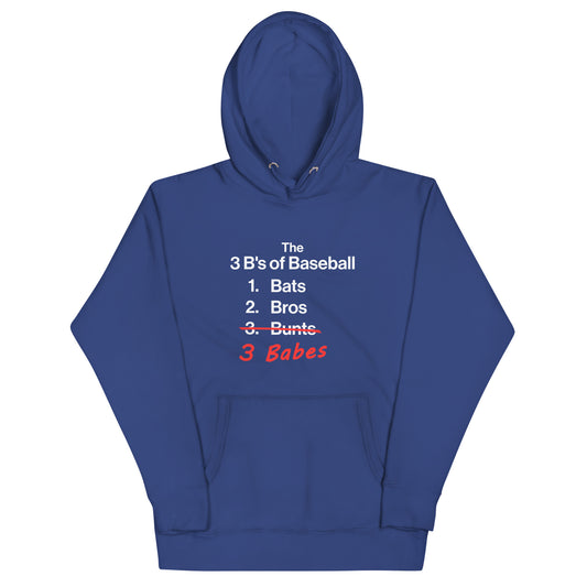 Detailed front view of the royal blue 3 B's of Baseball pullover adult hoodie from Web Gem Apparel.