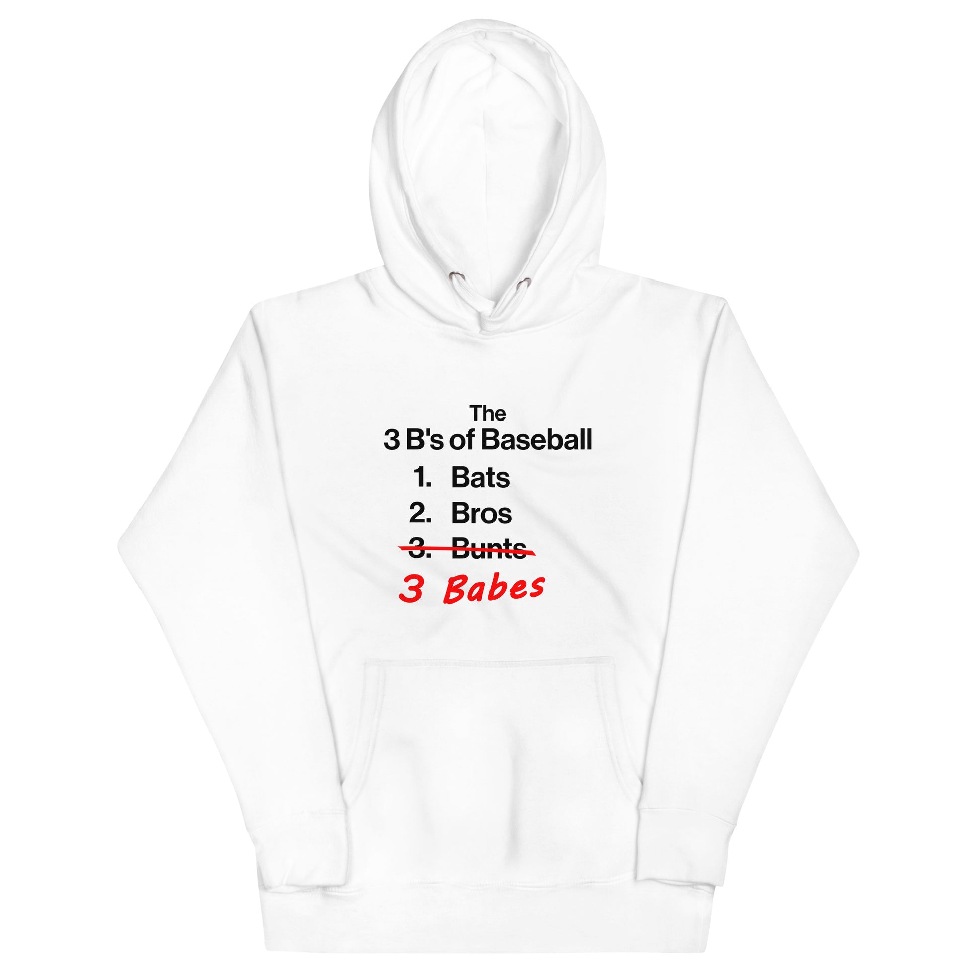 Detailed front view of the white 3 B's of Baseball pullover adult hoodie from Web Gem Apparel.