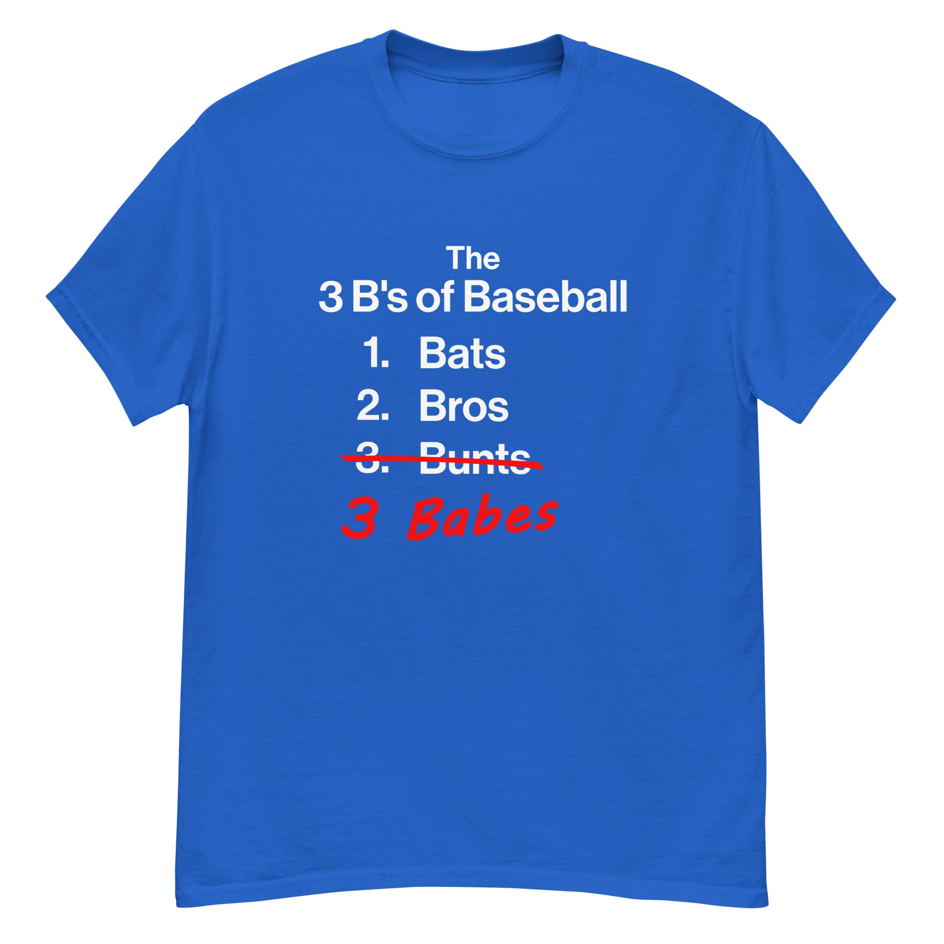 Detailed front view of the blue 3 B's of Baseball shirt from Web Gem Apparel.
