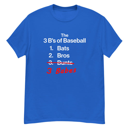 Detailed front view of the blue 3 B's of Baseball shirt from Web Gem Apparel.