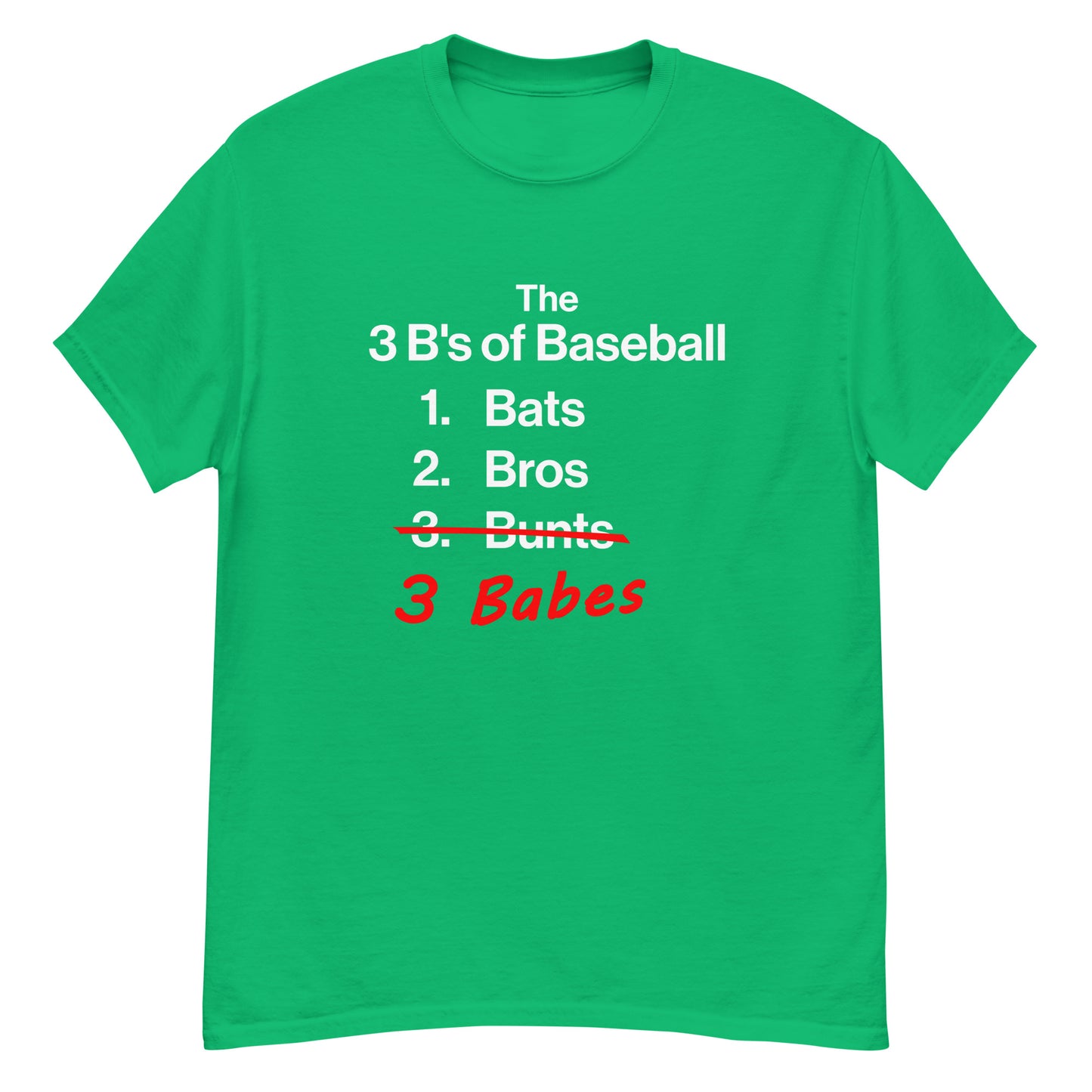 Detailed front view of the green 3 B's of Baseball shirt from Web Gem Apparel.