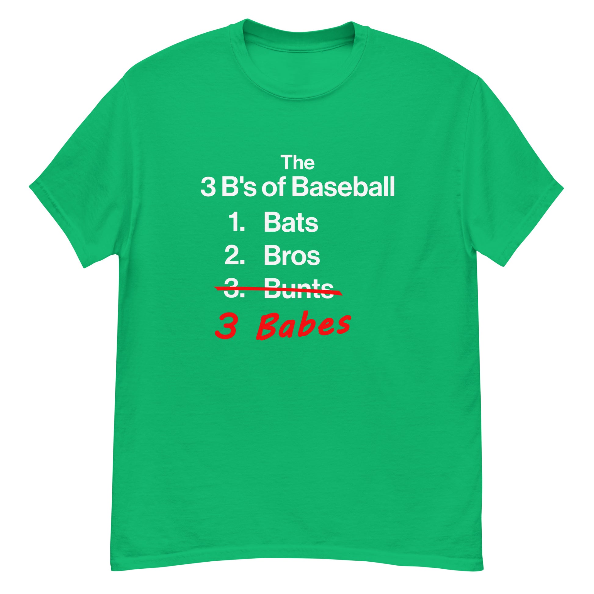 Detailed front view of the green 3 B's of Baseball shirt from Web Gem Apparel.