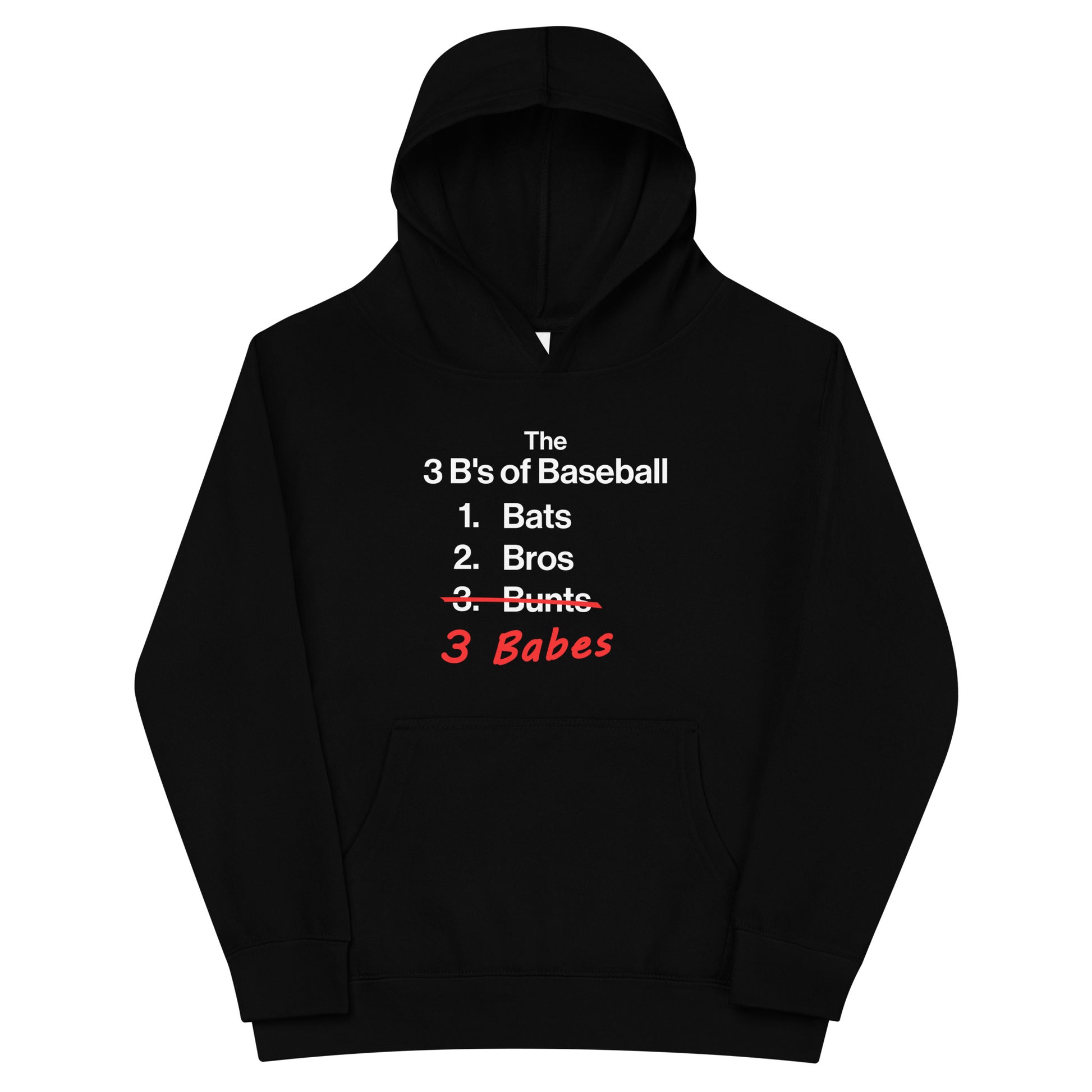 Detailed front view of the black 3 B's of Baseball kids' pullover fleece hoodie from Web Gem Apparel.