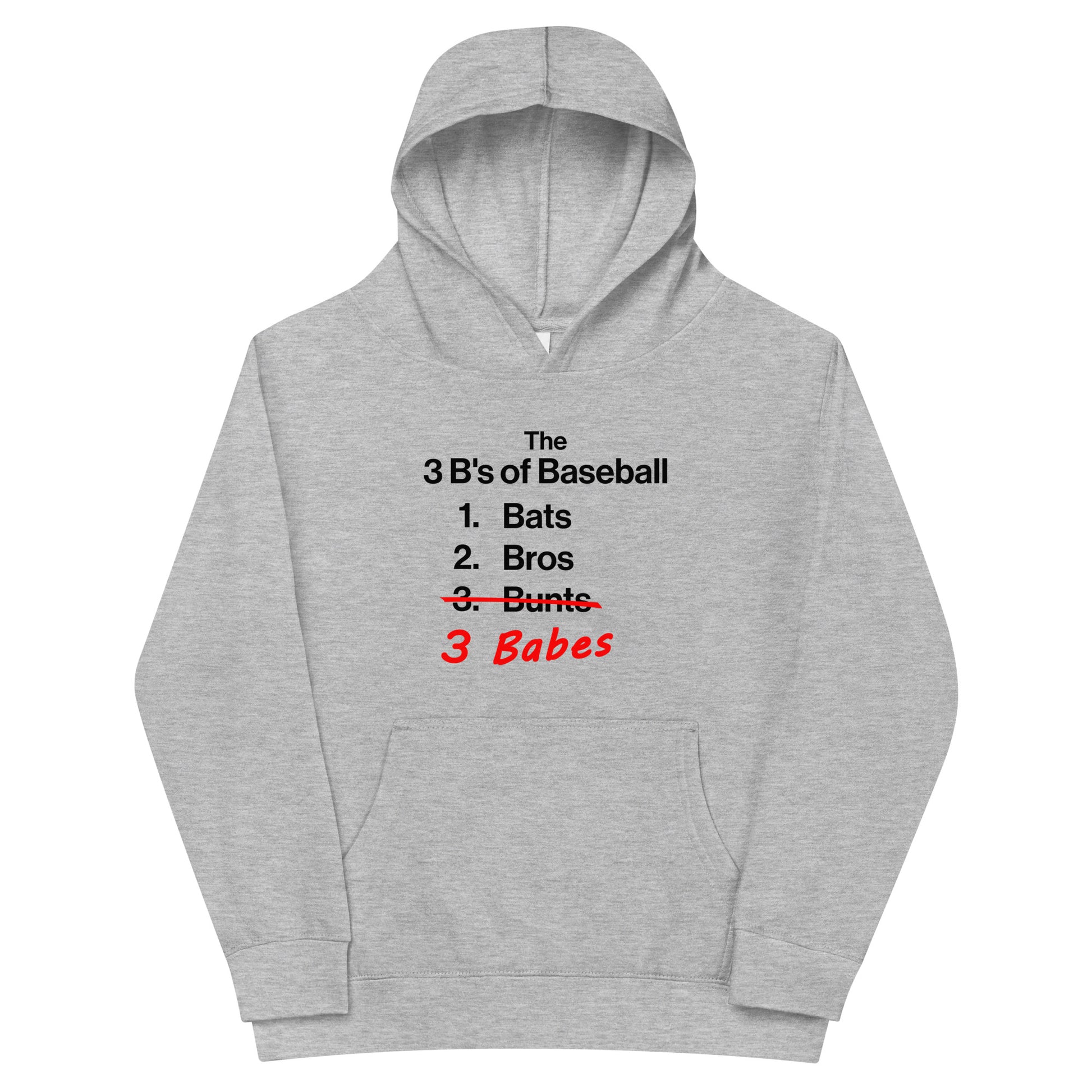 Detailed front view of the gray 3 B's of Baseball kids' pullover fleece hoodie from Web Gem Apparel.