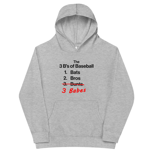 Detailed front view of the gray 3 B's of Baseball kids' pullover fleece hoodie from Web Gem Apparel.