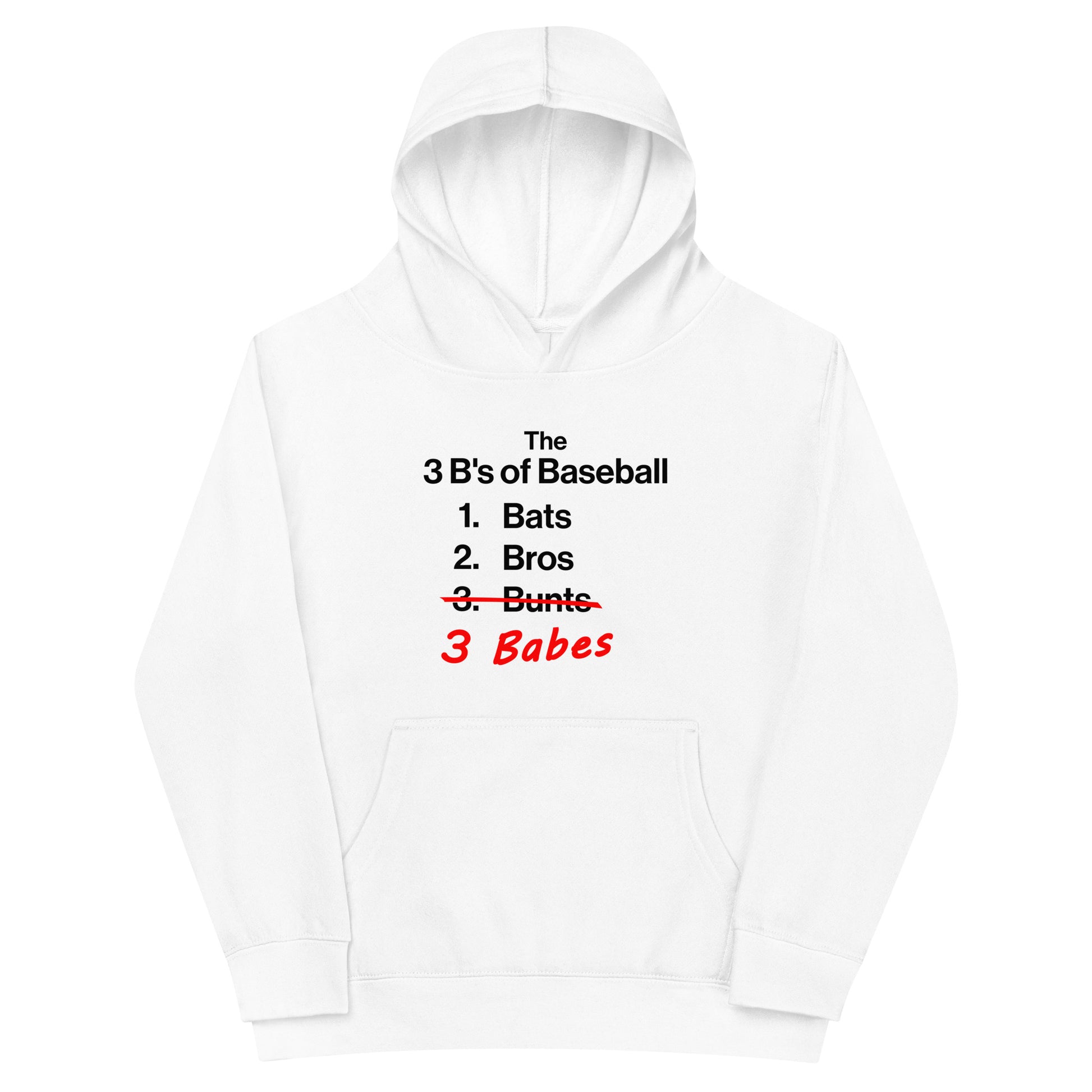 Detailed front view of the white 3 B's of Baseball kids' pullover fleece hoodie from Web Gem Apparel.