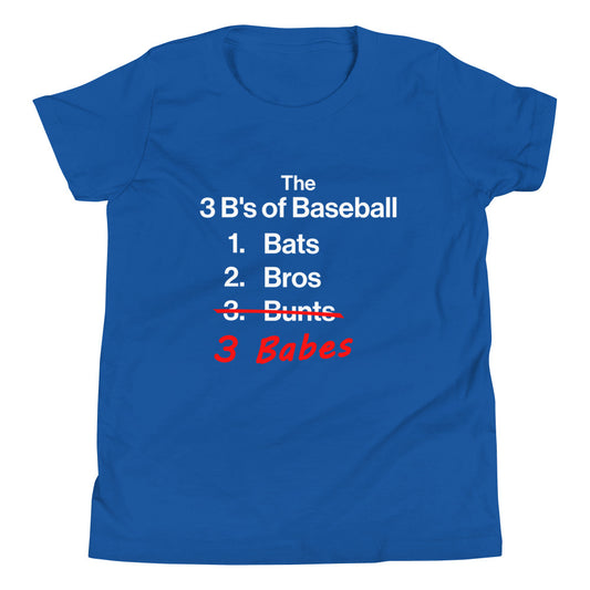 Detailed front view of the blue 3 B's of Baseball shirt available in youth sizes from Web Gem Apparel.