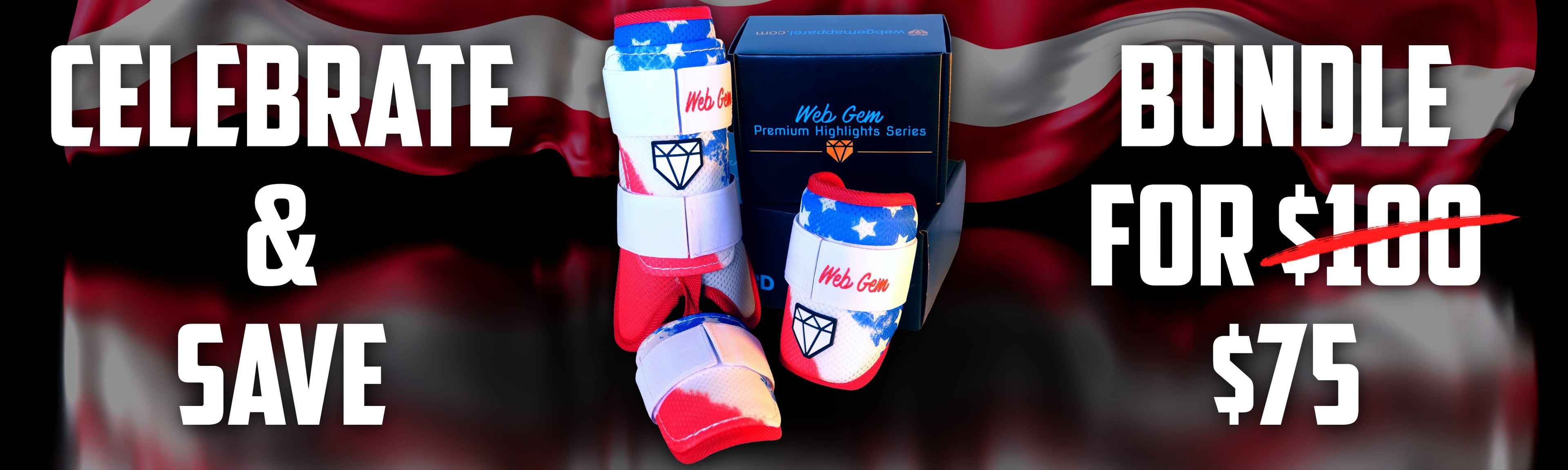 The Liberty Bomb red, white & blue baseball elbow guard and leg guard from the Web Gem Premium Highlights Series, on sale as a bundle for the 4th of July.