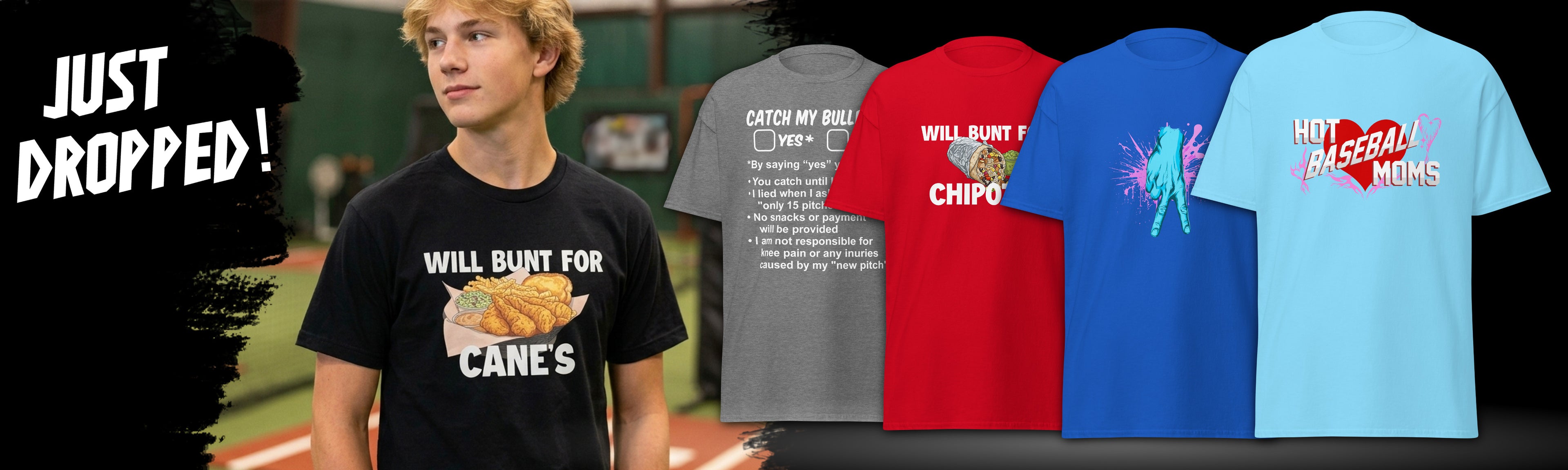 A drop announcement banner for Web Gem Apparel's new summer releases, including Will Bunt for Cane's, Catch My Bullpen, Will Bunt for Chipotle, Curveball Sign, and Heart Hot Baseball Moms.