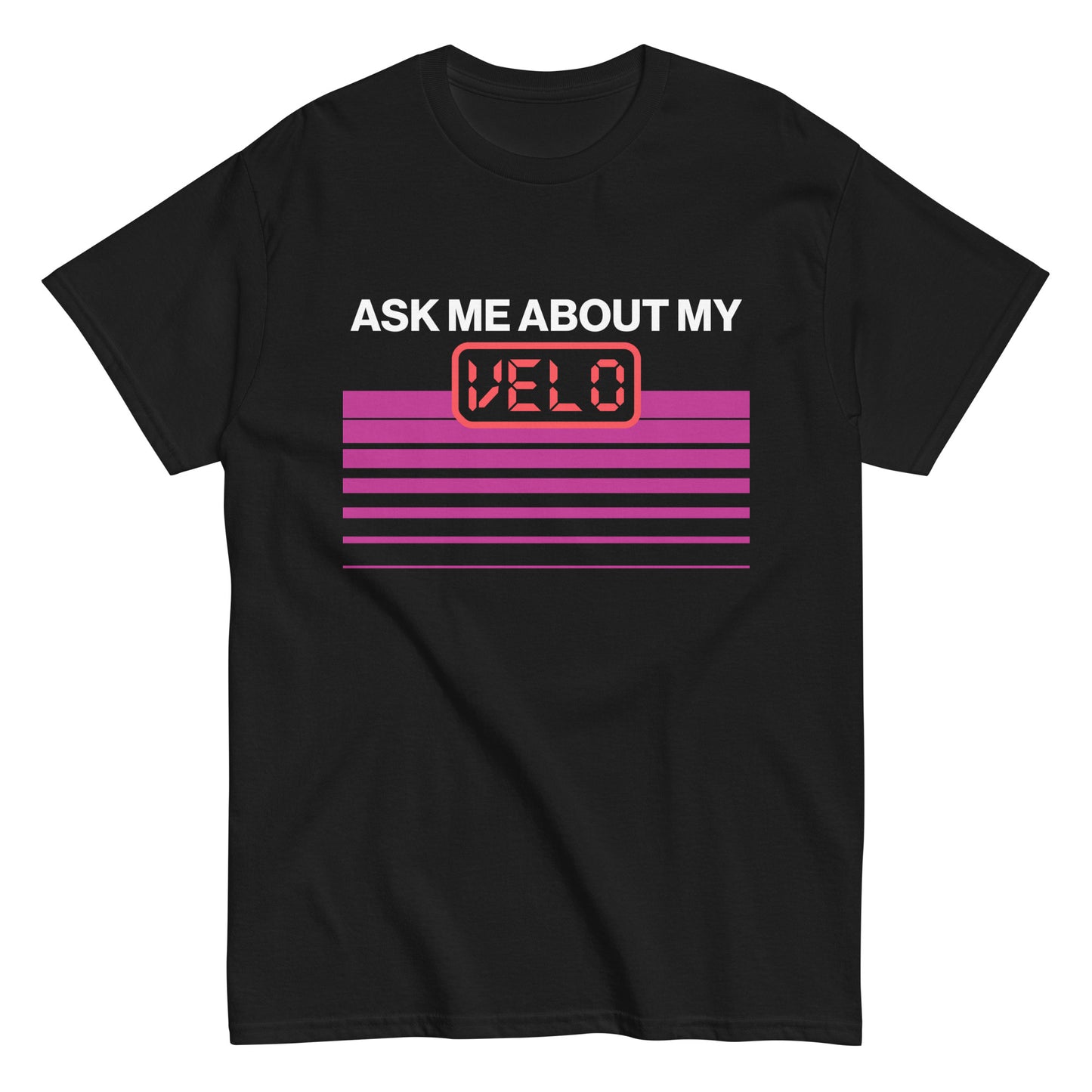 Black crew neck baseball shirt with a red and pink "ask me about my velo" graphic design perfect for athletic or casual wear.