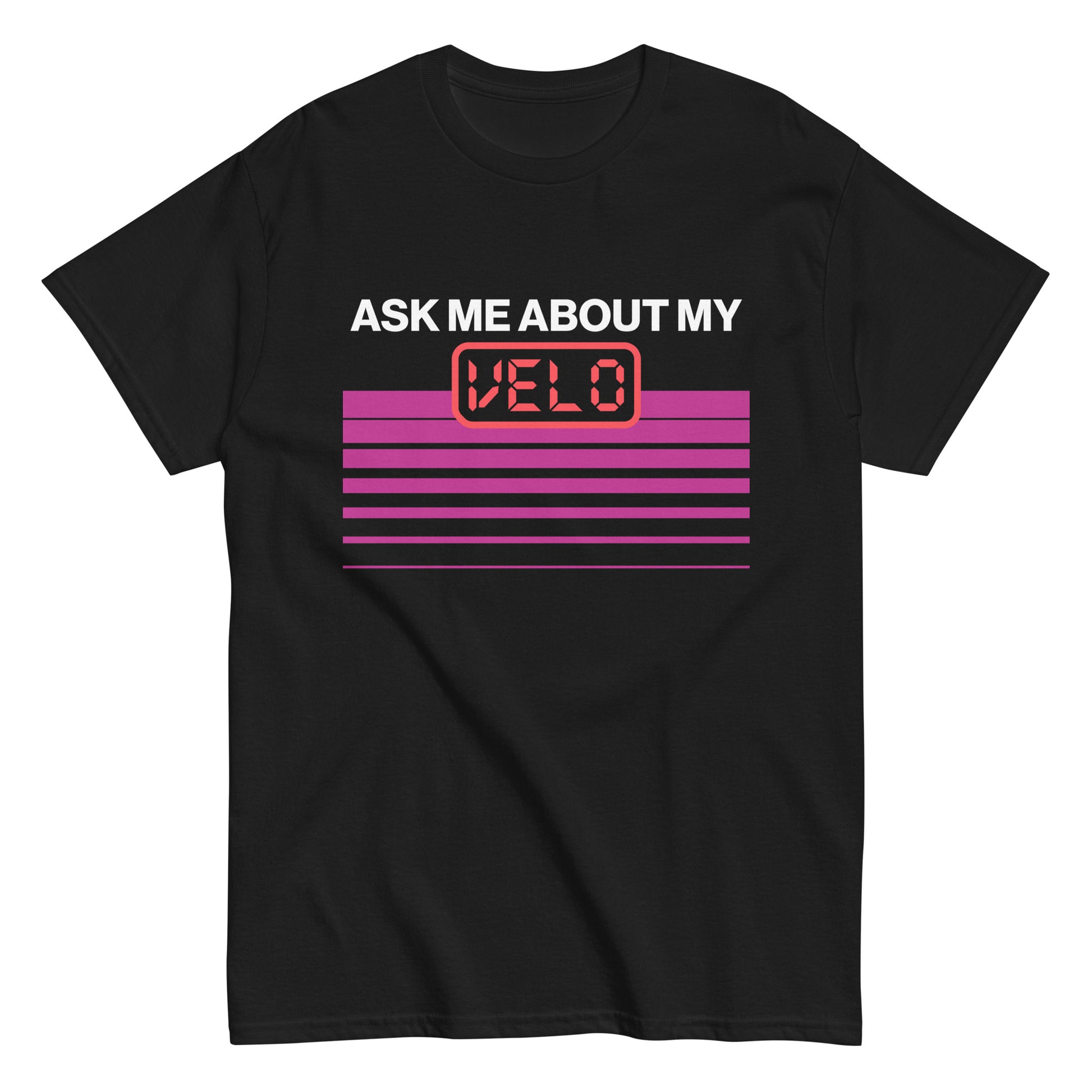 Black crew neck baseball shirt with a red and pink "ask me about my velo" graphic design perfect for athletic or casual wear.