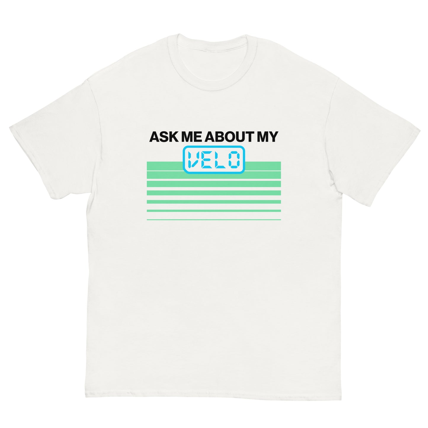 White crew neck baseball shirt with a blue and green "ask me about my velo" graphic design perfect for athletic or casual wear.
