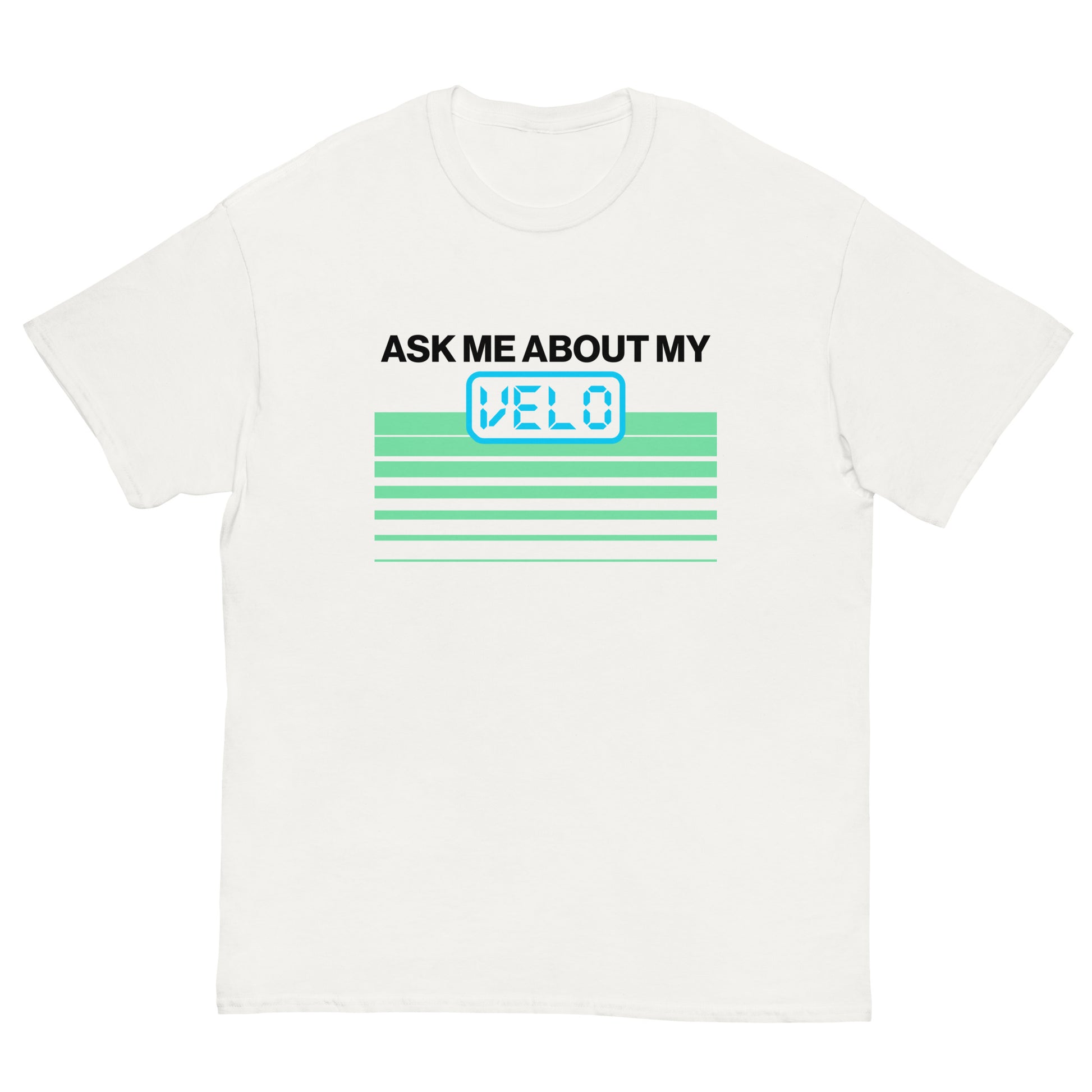 White crew neck baseball shirt with a blue and green "ask me about my velo" graphic design perfect for athletic or casual wear.