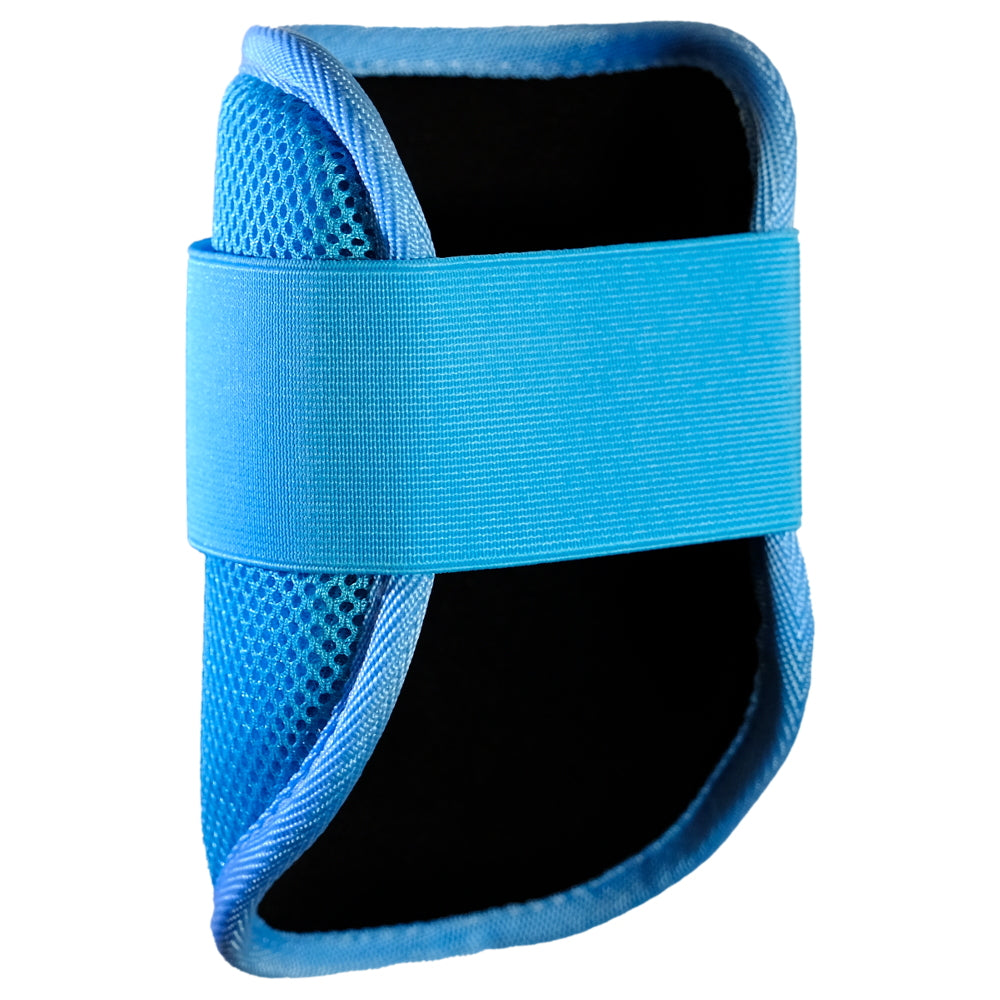 Back view of Bat Flip Baby Blue Baseball Elbow Guard showing adjustable Velcro strap and ergonomic design