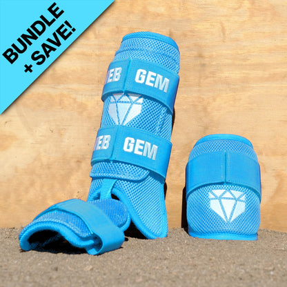 Web Gem Baseball Leg and Elbow Guard Kit – bat flip baby blue protective gear for youth, travel ball, and high school hitters.