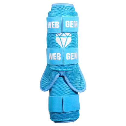 Front view of Bat Flip Baby Blue Baseball Leg Guard showing form fitting design that works on either leg