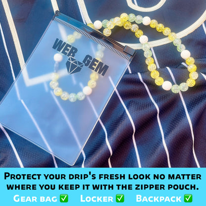 Banana inside the reusable zipper bag with Web Gem Apparel logo for storing game-day drip.