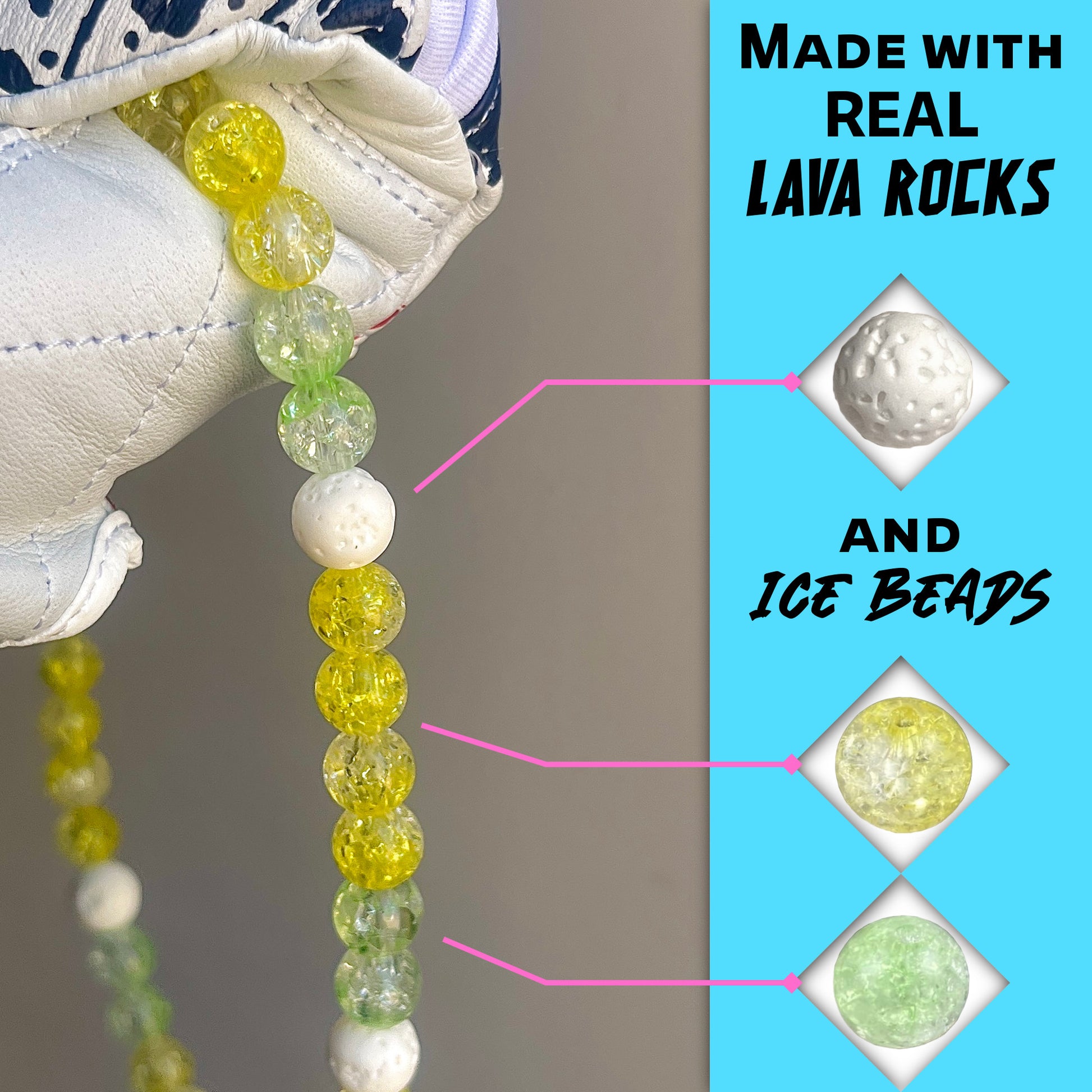 Close-up of white lava rocks and yellow and lime ice beads on the hand crafted baseball accessory.