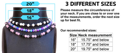 Size chart for elastic game accessory necklaces in 16 inch, 18 inch, and 20 inch lengths.