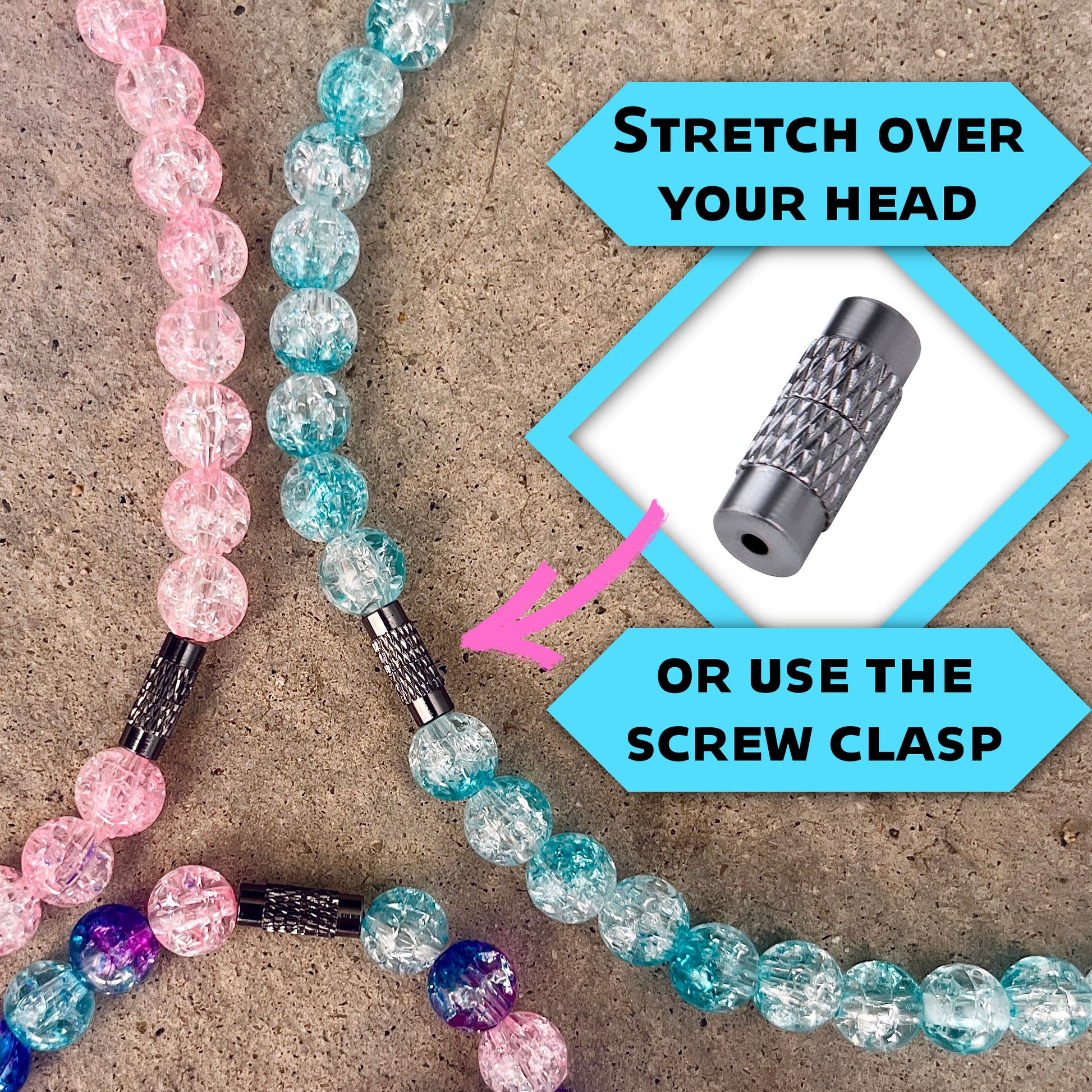 Details of the barrel clasp showing easy wear design on the elastic necklace.