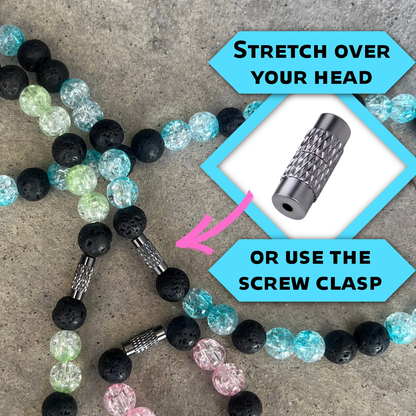 Details of the barrel clasp showing easy wear design on the elastic necklace.