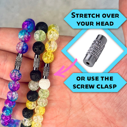 Details of the barrel clasp showing easy wear design on the elastic necklace.