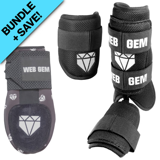 Web Gem Baseball Leg Guard, Elbow Guard, and Sliding Mitt Kit – bomb black protective gear for youth, travel ball, and high school hitters.