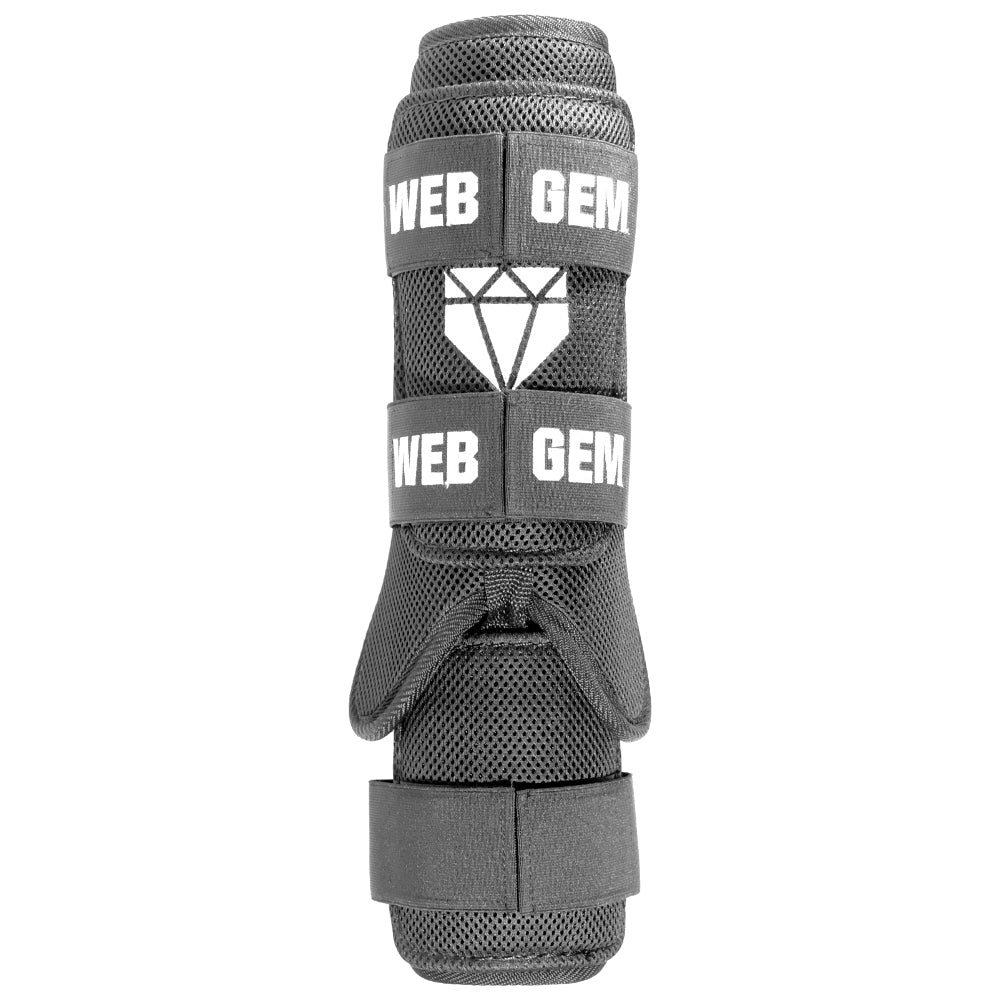 Front view of Bomb Black Baseball Leg Guard showing form fitting design that works on either leg