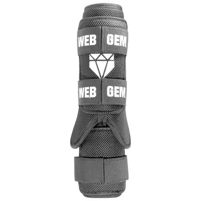 Front view of Bomb Black Baseball Leg Guard showing form fitting design that works on either leg