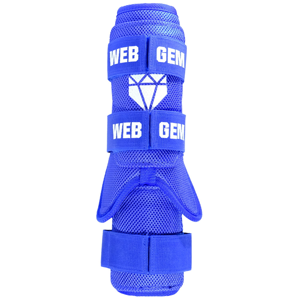 Front view of Barrel Blue Baseball Leg Guard showing form fitting design that works on either leg