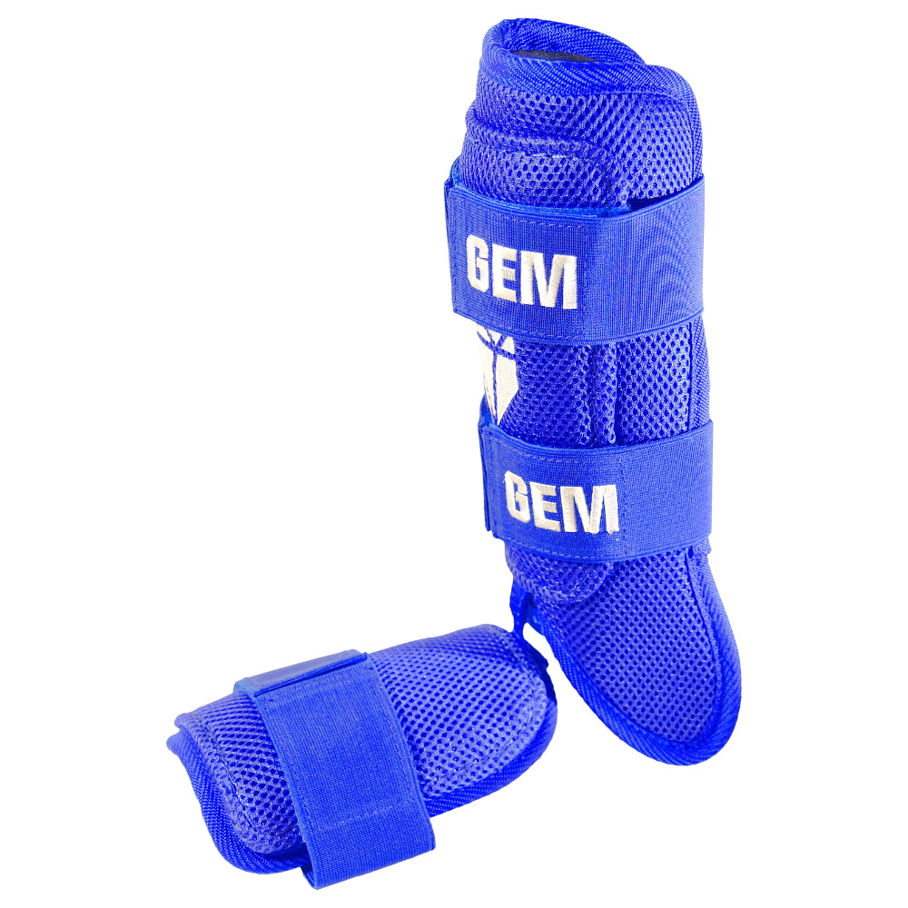 Back view of Barrel Blue Baseball Leg Guard showing adjustable Velcro strap and ergonomic design