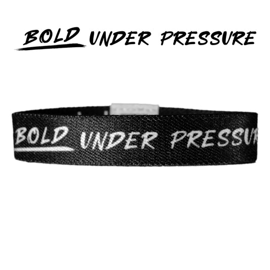 Bold Under Pressure Baseball outer design with white text on a black elastic wristband.