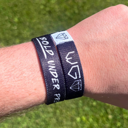 Wrist photo of Bold Under Pressure wristband showcasing double sided design.