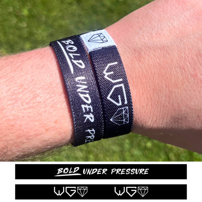 Bold Under Pressure double-sided elastic wristband designs shown on a baseball player.