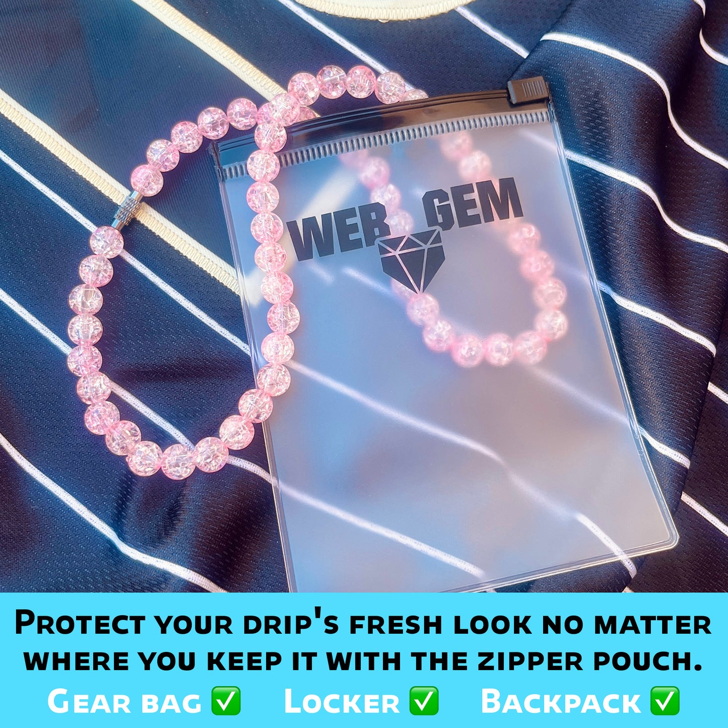 Bubble Gum inside the reusable zipper bag with Web Gem Apparel logo for storing game-day drip.