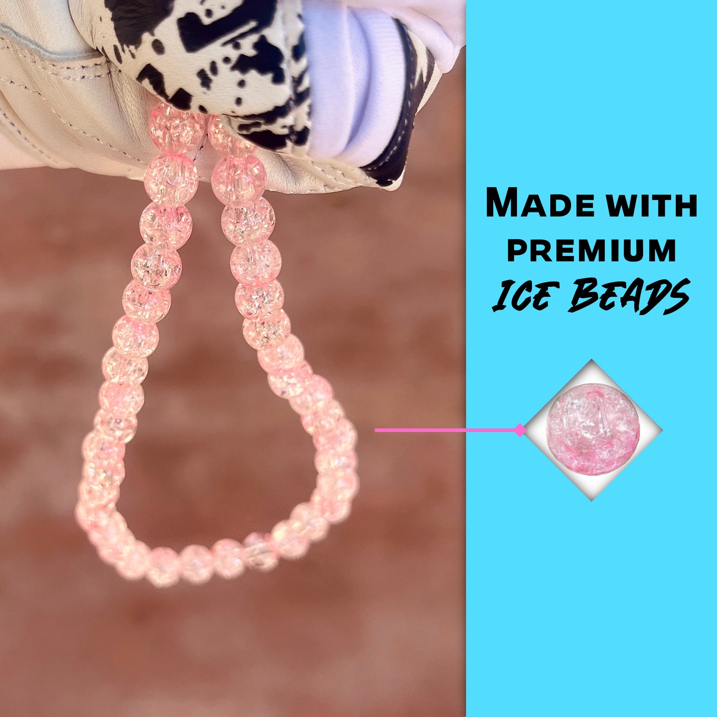 Close-up of pink ice beads on the hand crafted baseball accessory.