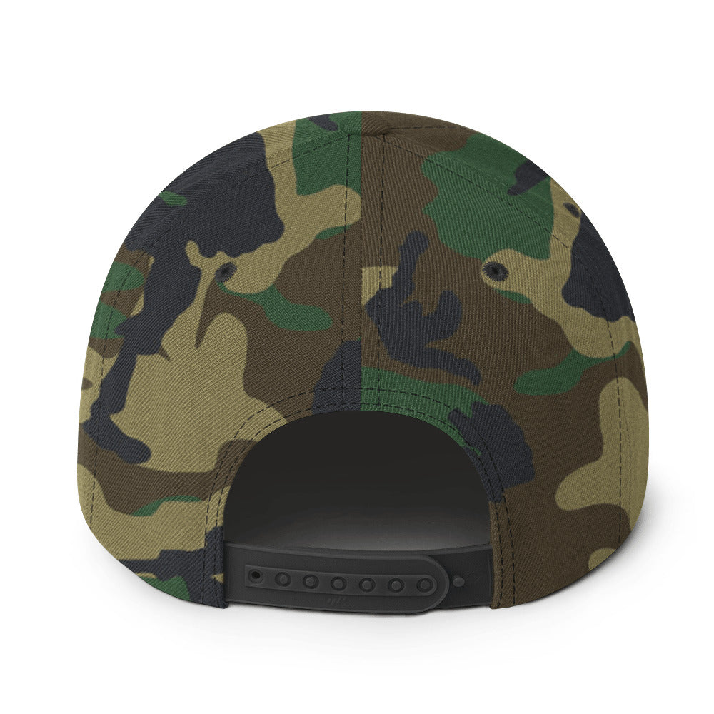 The back of the Camo Web Gem hat showing the charcoal plastic snapback adjustor for one-size-fits-all.