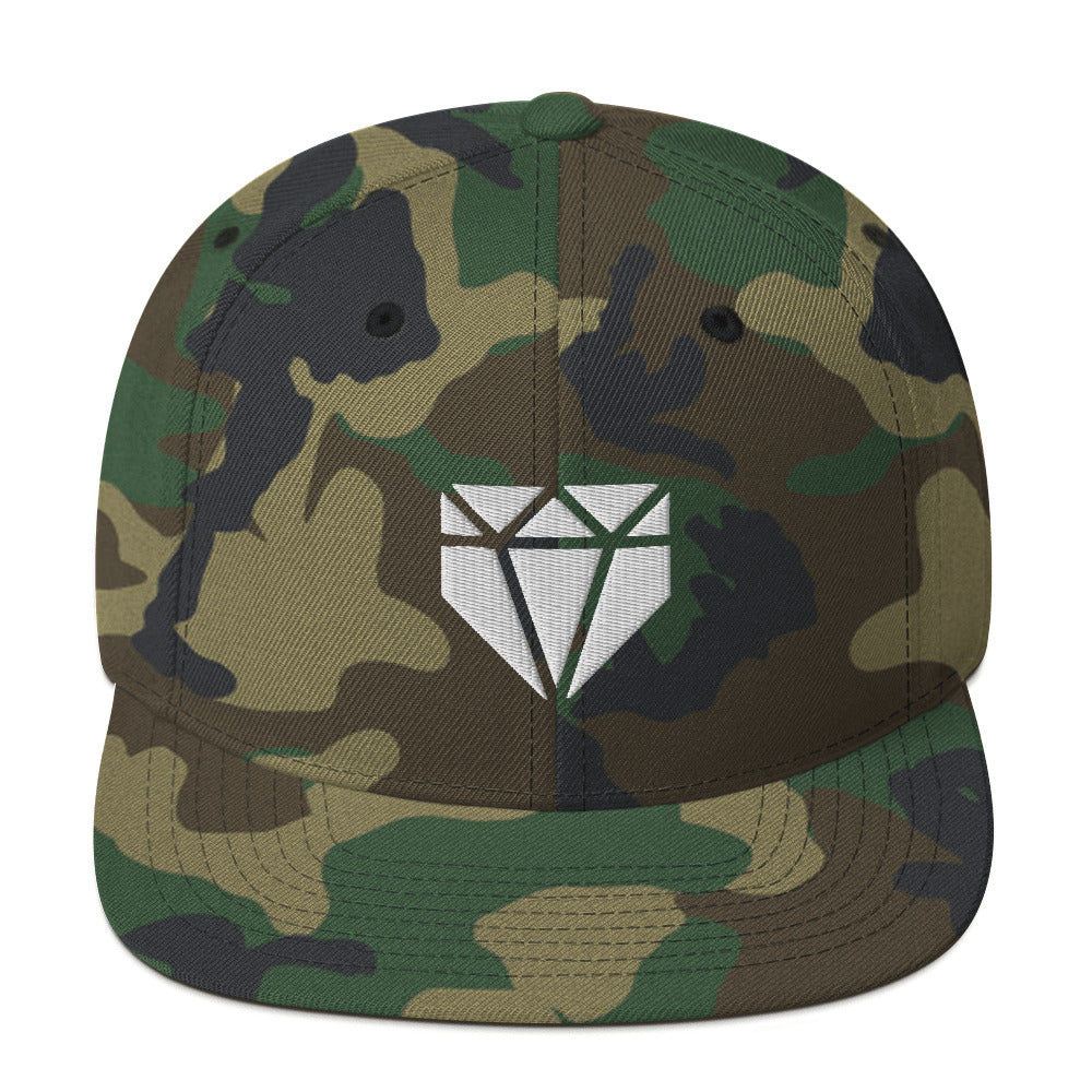Camo Web Gem Snapback Baseball Hat - a green camo design, high-profile hat with a white logo and flat-brim for kids, teens, and adult players.