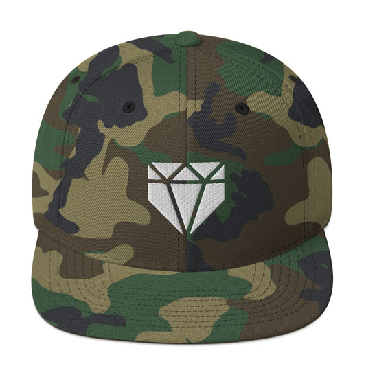 Camo Web Gem Snapback Baseball Hat - a green camo design, high-profile hat with a white logo and flat-brim for kids, teens, and adult players.